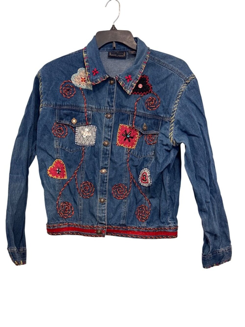 vintage Life Style Womens XL Denim Jacket With Colorful Embroidered